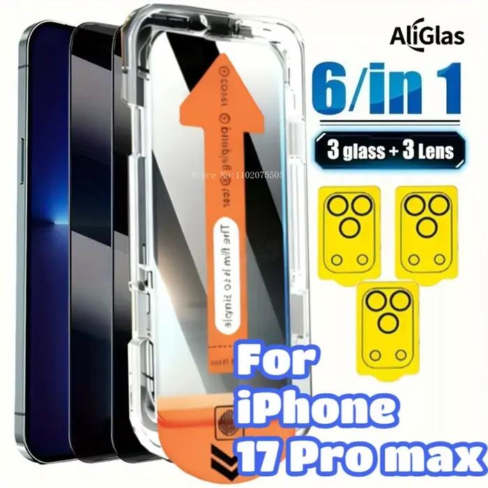 Film de Protection d'écran complet 6 en 1, en verre trempé Anti-espion pour iPhone 17 Pro Max avec 3