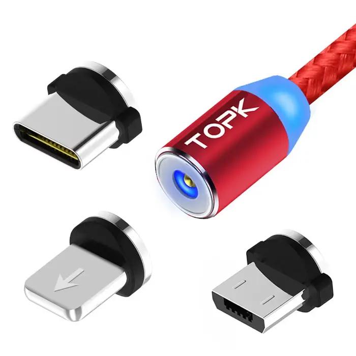 TOPK-Câble de charge magnétique 3 en 1, câble de chargeur de téléphone magnétique rotatif, câble mic