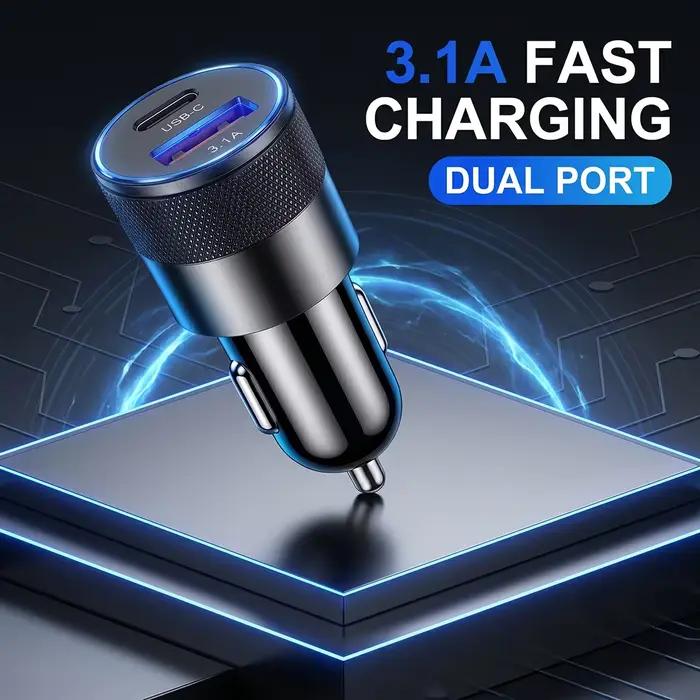 Mini chargeur de voiture double USB 3.1A à charge rapide avec adaptateur USB-C et boîtier métallique