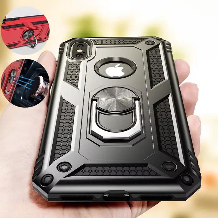 Coque blindée antichoc avec anneau magnétique pour iPhone 6 6s 7 8 Plus X XS Max XR pare-chocs résistant aux chocs anti-rayures anti-empreintes digitales avec béquille