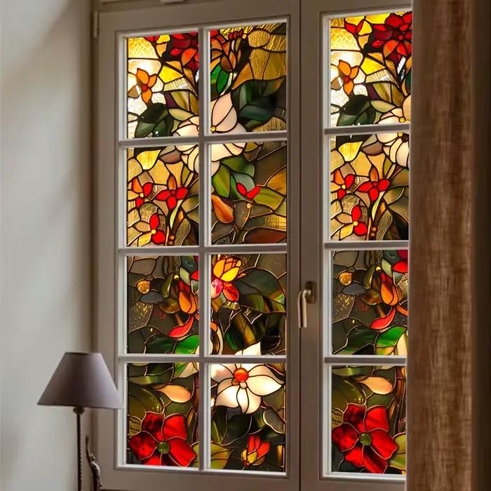 Vitrail d'église, film étanche, protection solaire, enlèvement de fenêtre, gIslande électrostatique de porte, sans colle, autocollants de fleurs