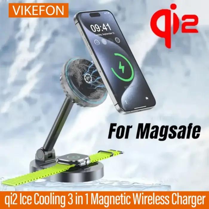 VIKEFON 3 en 1 qi2 chargeur sans fil magnétique de refroidissement par glace pour Magsafe iPhone 16-12 Apple Watch 9 8 7 AirPods Pro2 charge rapide
