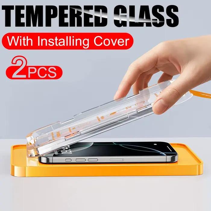 2 pièces Installation sans poussière verre trempé pour iPhone 16 15 14 13 12 11 Pro Max Plus Mini protecteur d'écran Film de protection complet
