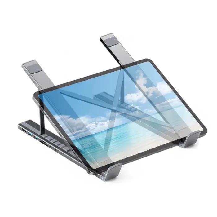 Support pour ordinateur portable avec ports USB, Hub USB C 8 en 1, support de refroidissement ventilé, support portable pour ordinateur portable, pour le travail à domicile, le jeu