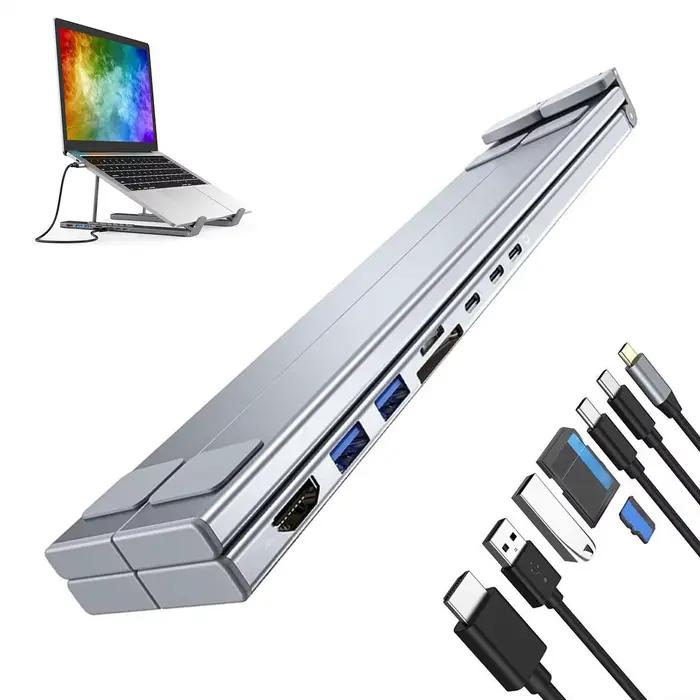 Support pour ordinateur portable avec ports USB, Hub USB C 8 en 1, support de refroidissement ventilé, support portable pour ordinateur portable, pour le travail à domicile, le jeu