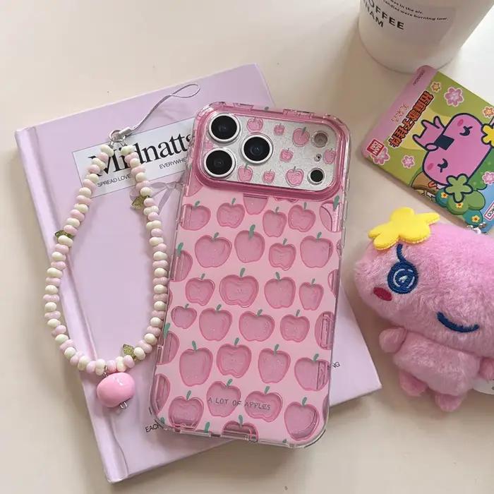 Coque de téléphone antichoc rose transparente avec paillettes et chaîne perlée pour iPhone 17 16 15 Pro Max