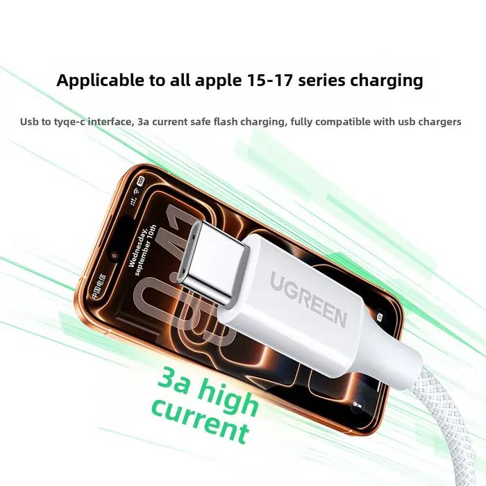 Câble USB vers Type C UGREEN 18W tressé pour iPhone 17 16 15 et Android Chargeur de données et de synchronisation rapide en argent blanc bleu champagne jaune rose