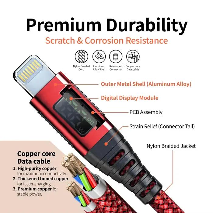 Câble de chargeur iPhone 6FT [certifié MFi] USB C vers Lightning, nylon tressé, charge rapide pour iPhone 14/13/12/11/SE/X/iPad - Rouge
