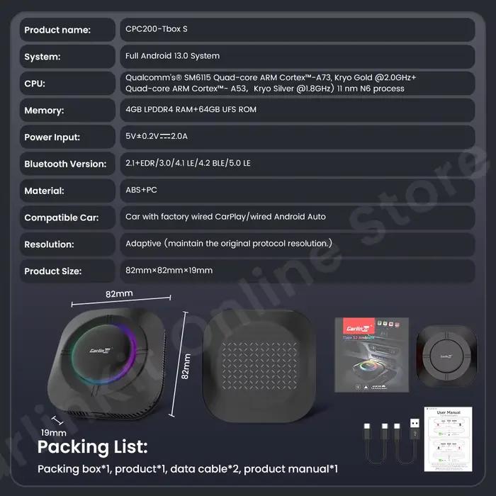 Carlinkit Android 13 S2 Ai Box SM6115 Carplay sans fil