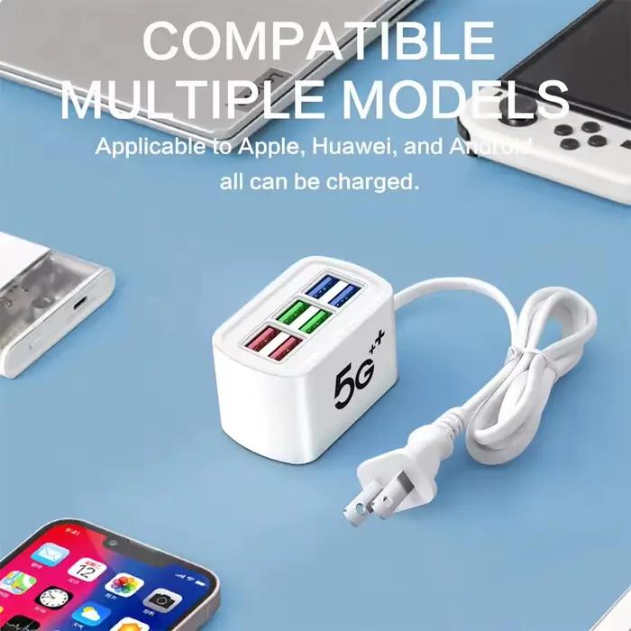 Multiprise 6 ports USB universelle à charge rapide, adaptateur de chargeur de téléphone avec prises EU/US, rallonge électrique, prise de table