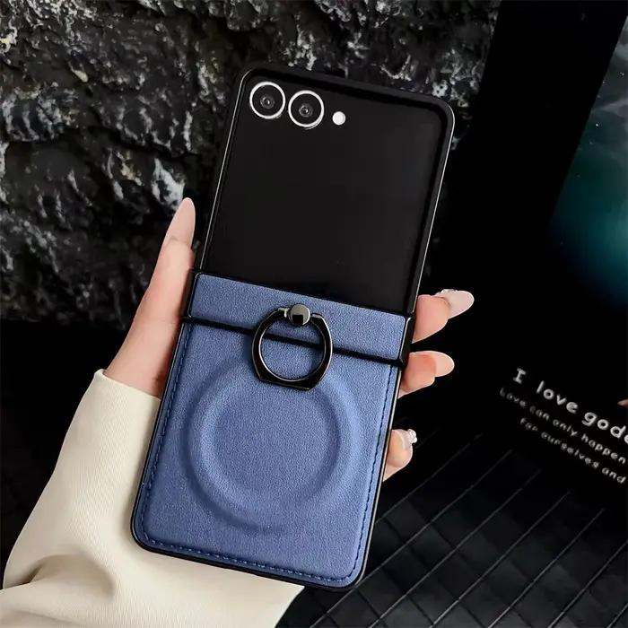 Coque de téléphone avec anneau magnétique rotatif 360, étui arrière en cuir PU pour Samsung Z Flip 7 6 5 4 3 Flip6 Flip5 Flip4 Flip3 5G