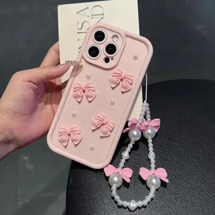 Coque de téléphone en Silicone, étui de protection d'objectif mignon avec nœud de perle 3D, pour iPhone 16 Pro Max 15 Pro 14 Plus 13 Mini 12 Pro 11 X XS XR 7 8 SE 2020