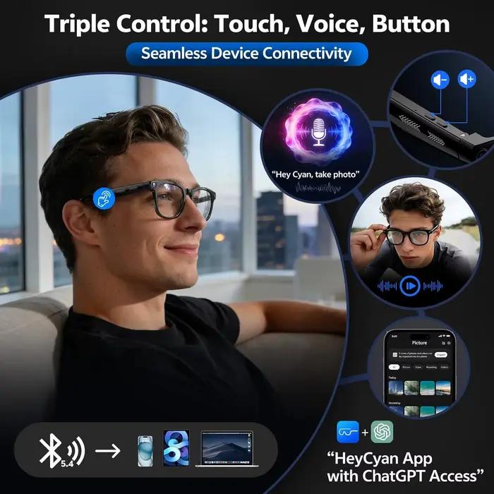 Lunettes Intelligentes 4K 8MP 2026 pour Hommes et Femmes avec Caméra HD, Traduction 150+ Langues, ChatGPT, Enregistrement Vidéo Wi-Fi et Appel Audio Bluetooth