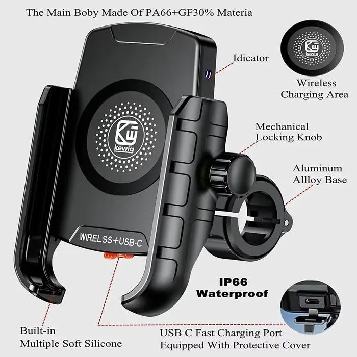 Support de téléphone pour moto avec chargeur sans fil 15W, charge rapide USB-C 20W, résistant à l'eau, adapté pour 4-7 pouces, idéal pour motards et cyclistes, occasion spéciale