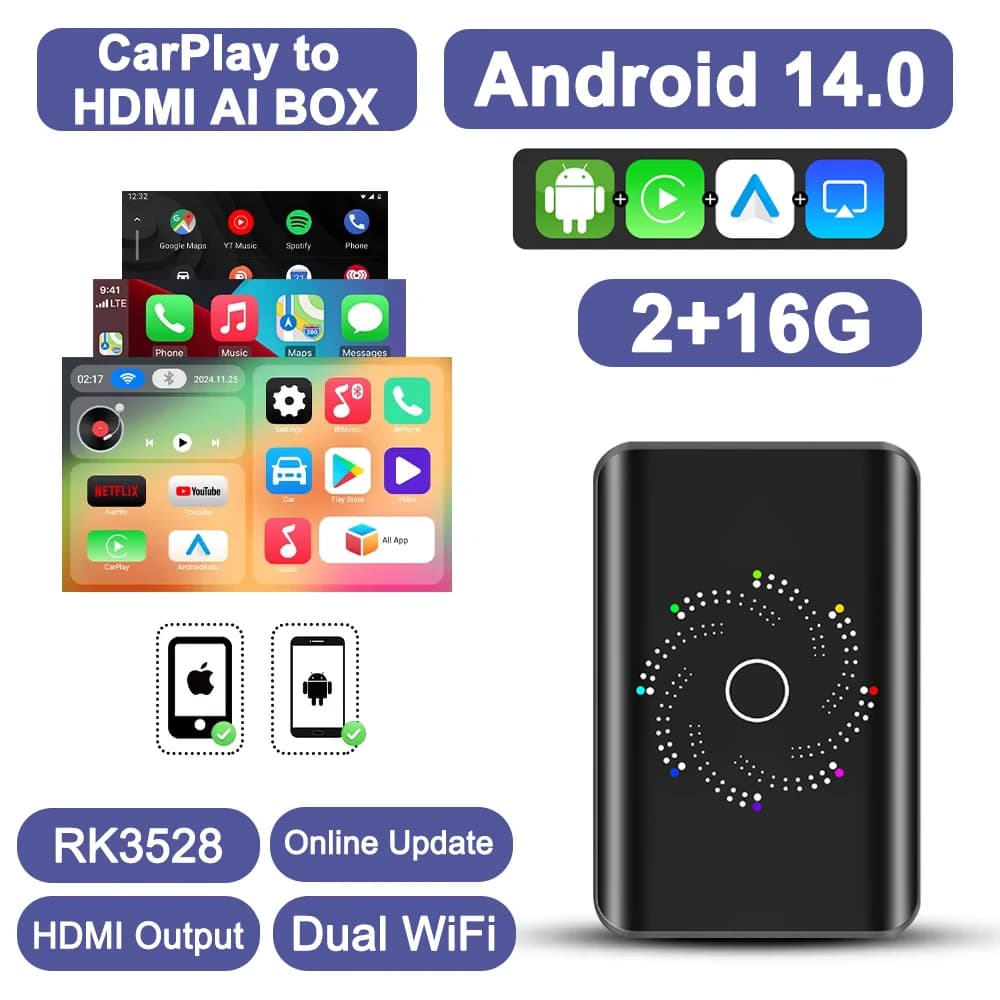 Boîtier AI 4 cœurs 4+32 Go Android 14.0 compatible Netflix YouTube CarPlay sans fil, adapté à 99 % d