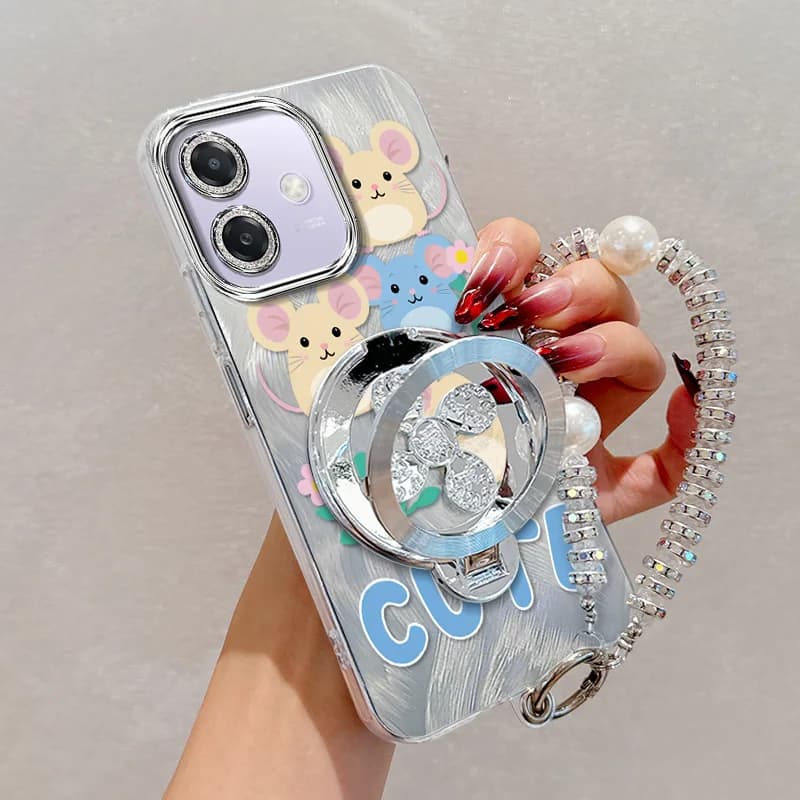 3 pièces (coque de téléphone mignonne en forme de souris + cordon + support) pour OPPO A40/A36/A38 4