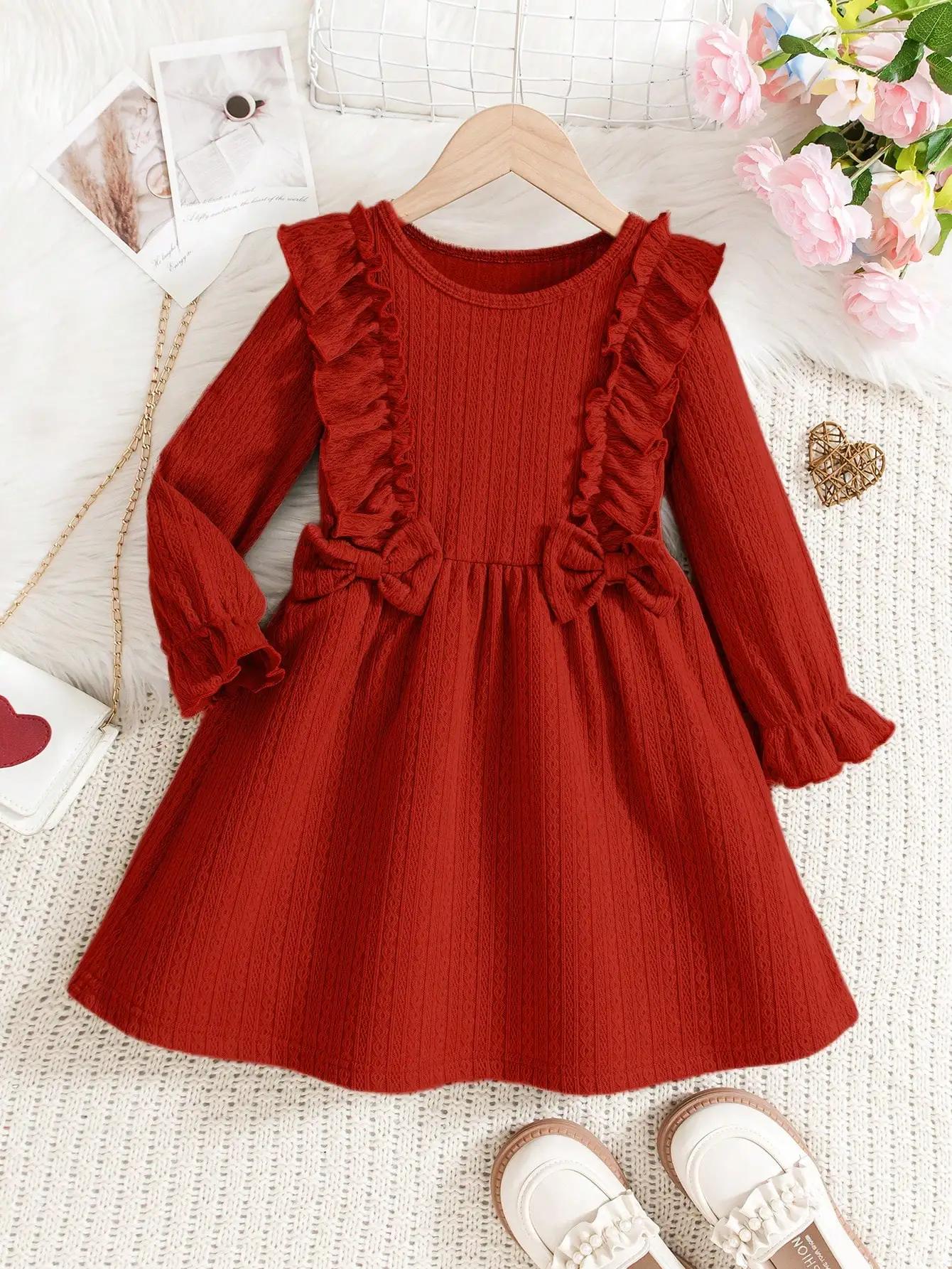 (131) Robe décontractée pour petites filles, en maille torsadée texturée, avec volants, plis uniques