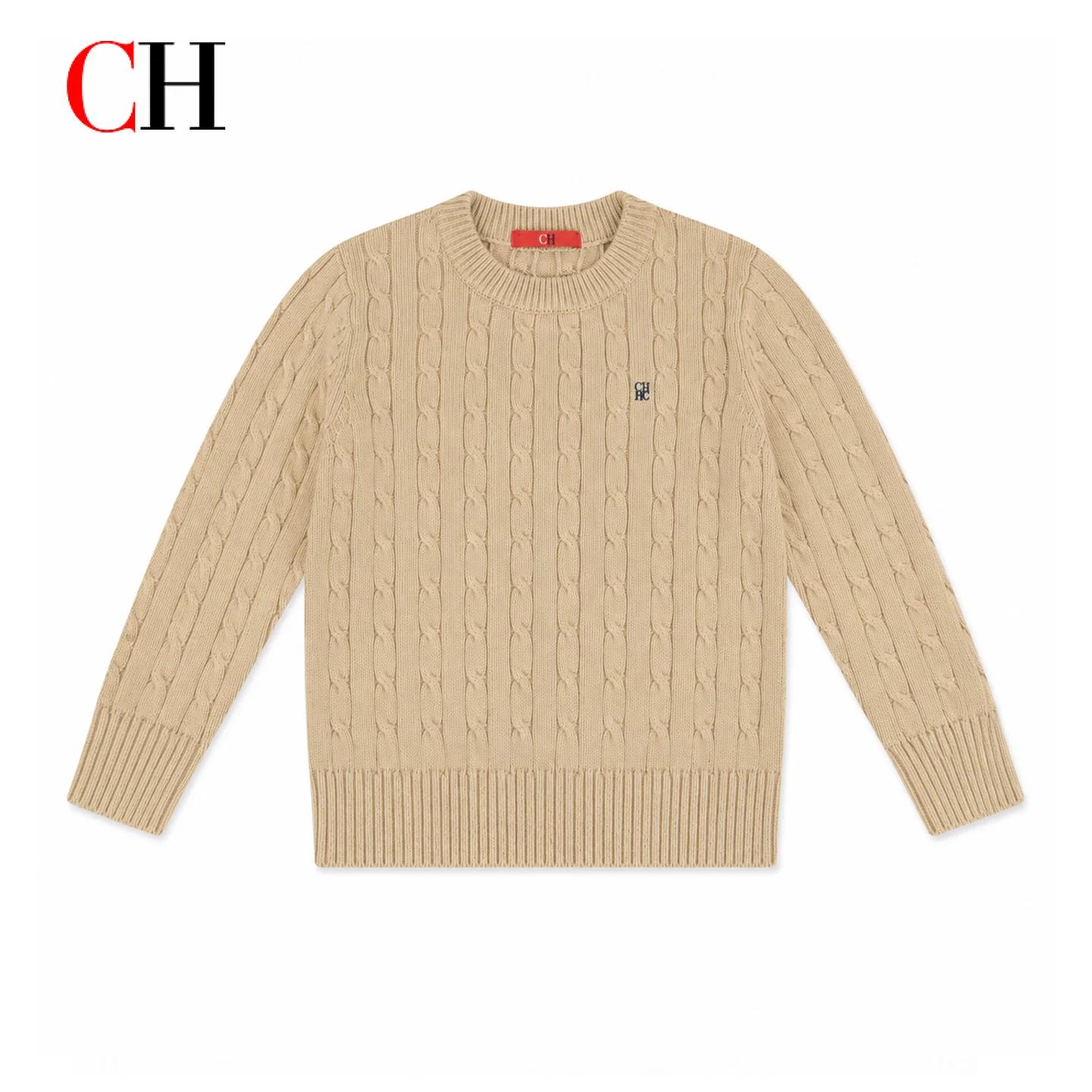 Pull en tricot torsadé pour filles CH Kids, col rond, manches longues, logo brodé, pull décontracté 