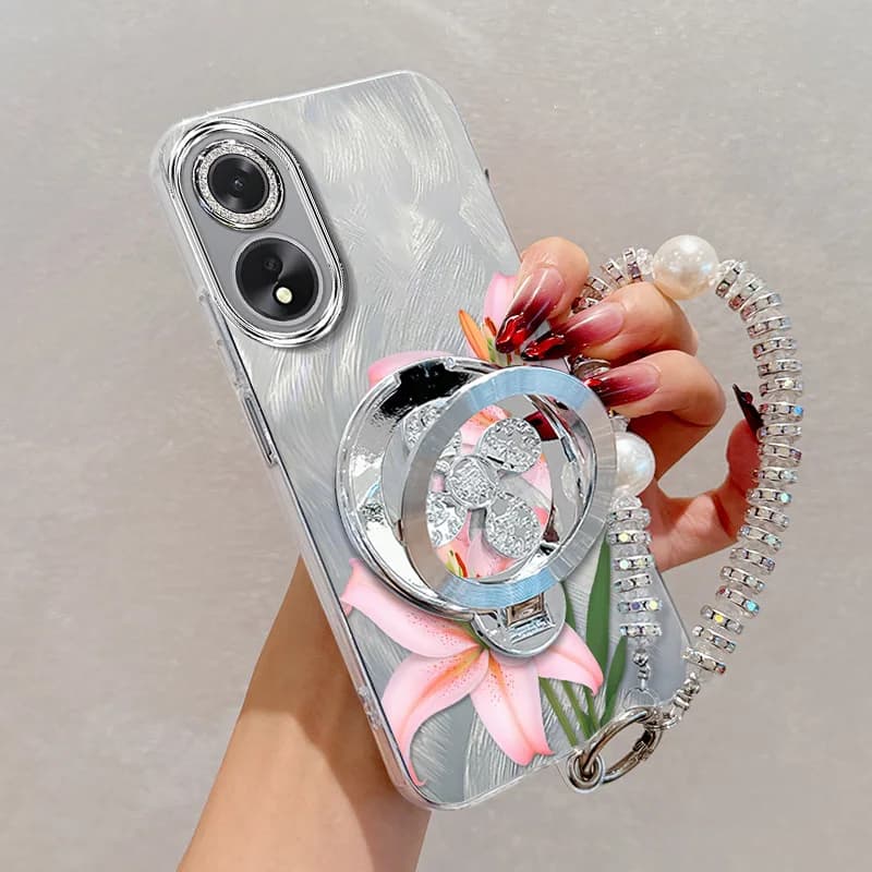 3 pièces (coque de téléphone à fleurs roses + lanière + support) pour OPPO A38 4G/A35/A36/A33(2020)/