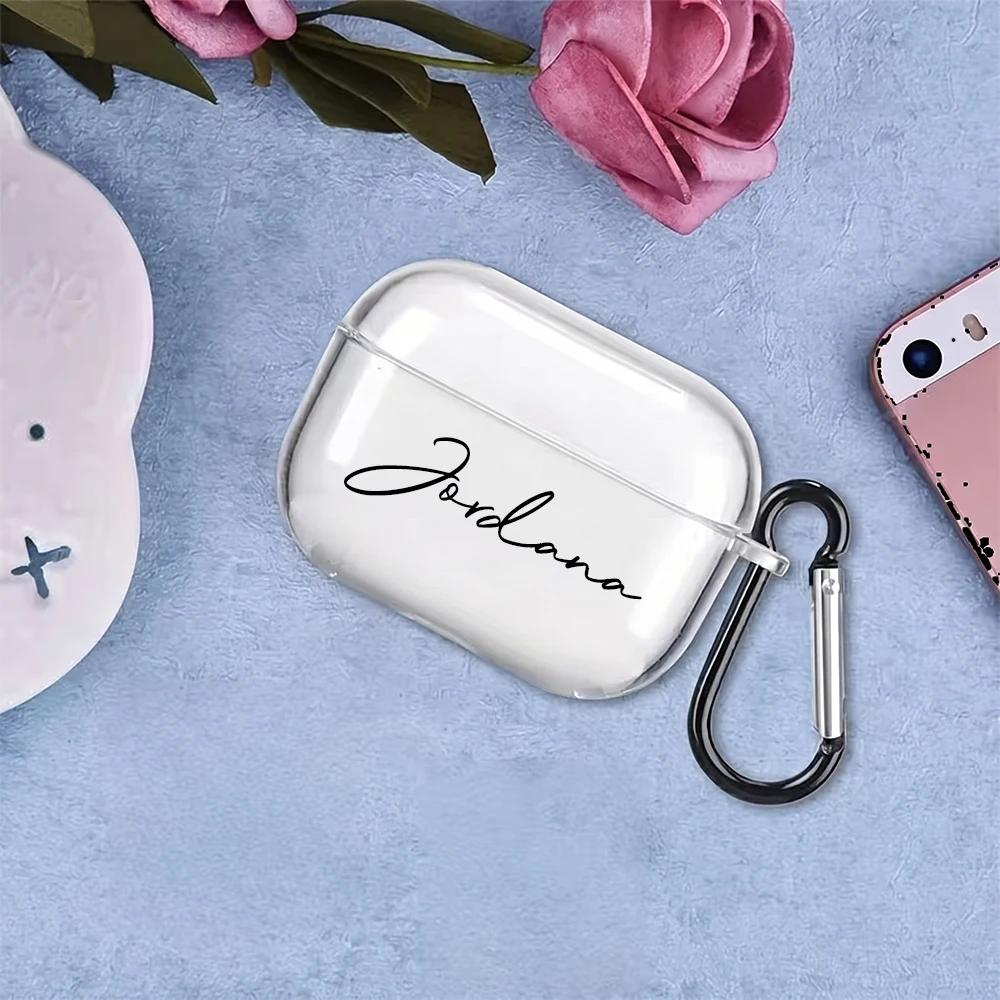 Étui personnalisé pour AirPods avec nom personnalisé, coque de protection transparente avec clip mou