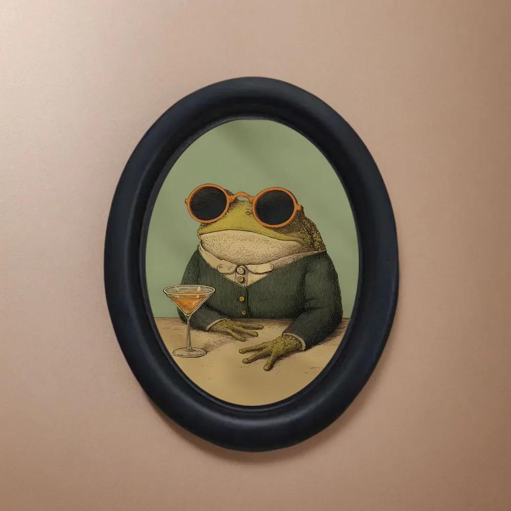 1 pièce d'art mural sur le thème des grenouilles, impression encadrée ovale noire d'une grenouille p