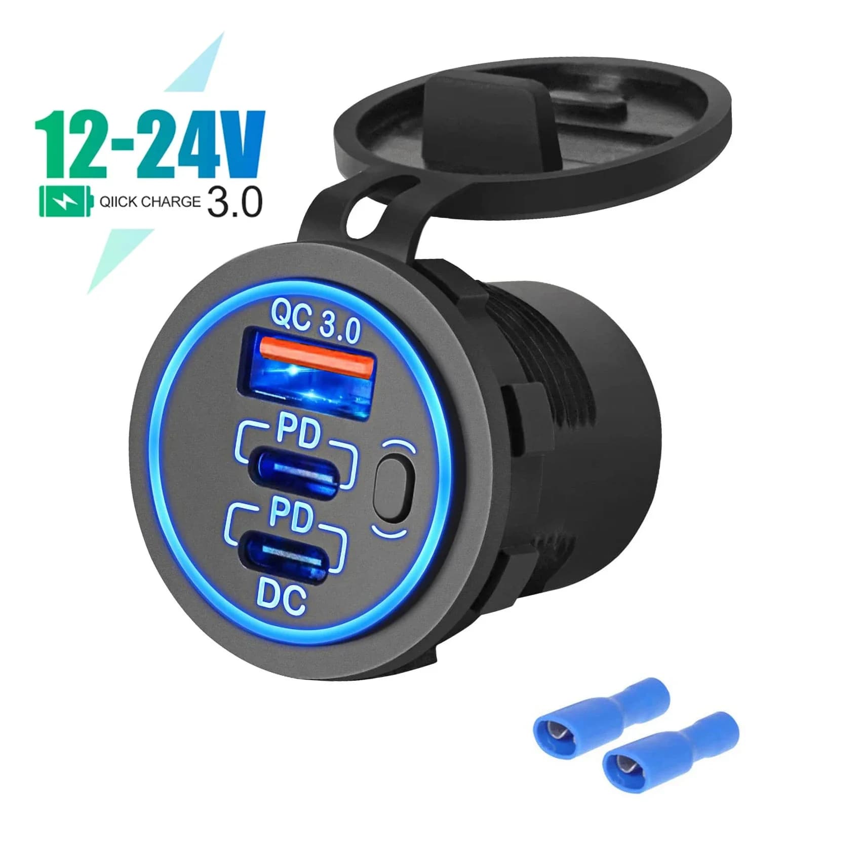 Prise de courant de chargeur de voiture USB, 3 ports, 12V, 24V, interrupteur à bouton, touristes PD 