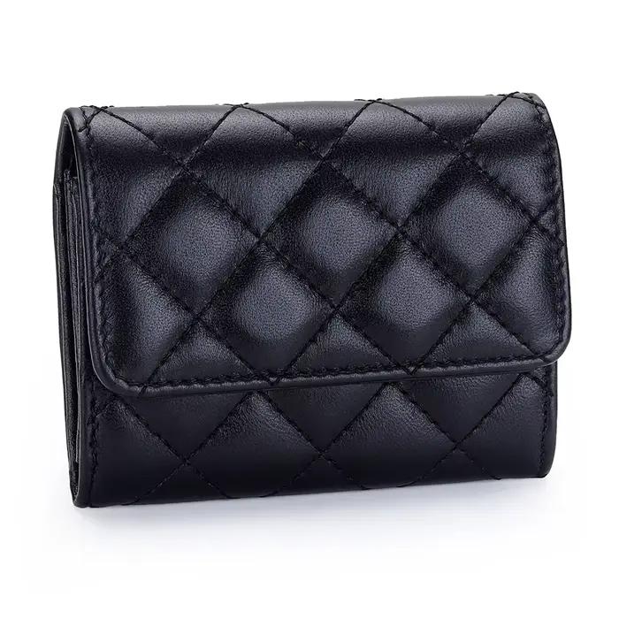 Porte-cartes matelassé en peau de mouton pour femmes, étui à deux volets en cuir pour cartes de créd