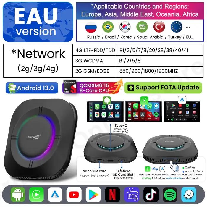 Carlinkit Android 13 S2 Ai Box SM6115 Carplay sans fil Android auto Support Youtube Netfilx IPTV Spo