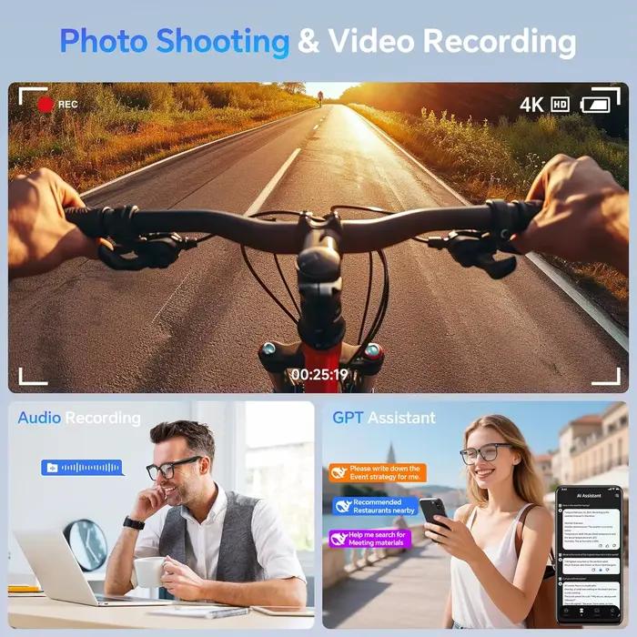 Nouvelles Lunettes Intelligentes IA 2026 avec Caméra d'Enregistrement Vidéo HD 1080P, Appel Bluetooth ChatGPT, 32 Go de ROM, Traduction Linguistique et Musique – Lunettes de Soleil pour Hommes