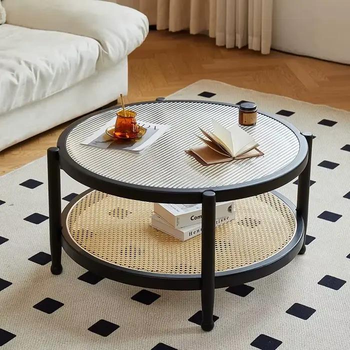 Table basse ronde japonaise en rotin et bois, design moderne et minimaliste, meubles de maison