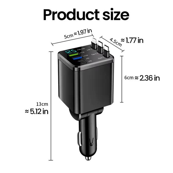 Elough 7 en 1 chargeur de voiture rétractable USB C vers ios câble pour iPhone Samsung chargeur de téléphone de voiture USB allume-cigare adaptateur QC