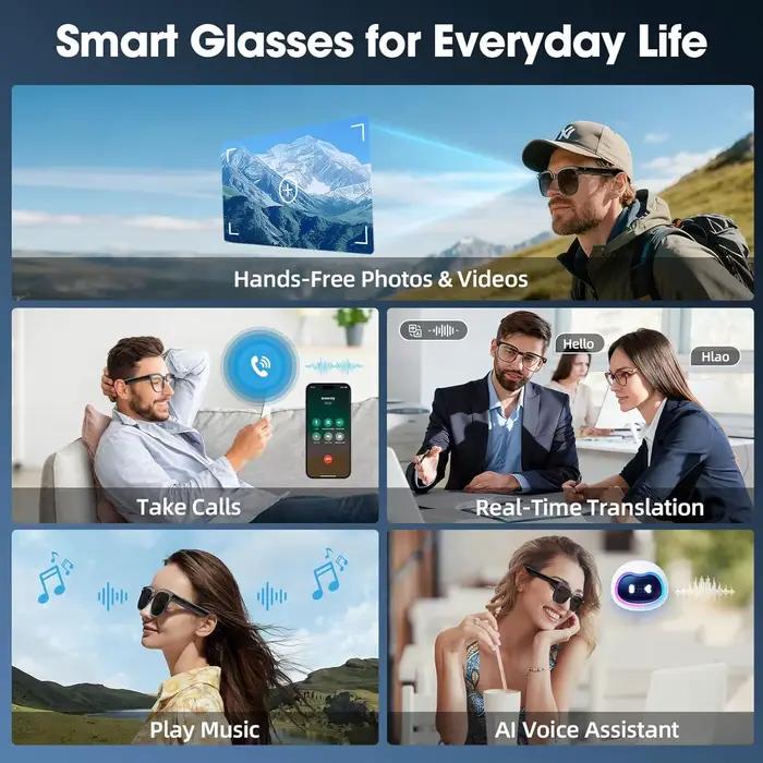 Nouvelles Lunettes Intelligentes IA 2026 avec Caméra d'Enregistrement Vidéo HD 1080P, Appel Bluetooth ChatGPT, 32 Go de ROM, Traduction Linguistique et Musique – Lunettes de Soleil pour Hommes