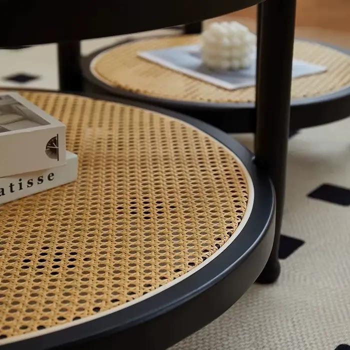 Table basse ronde japonaise en rotin et bois, design moderne et minimaliste, meubles de maison