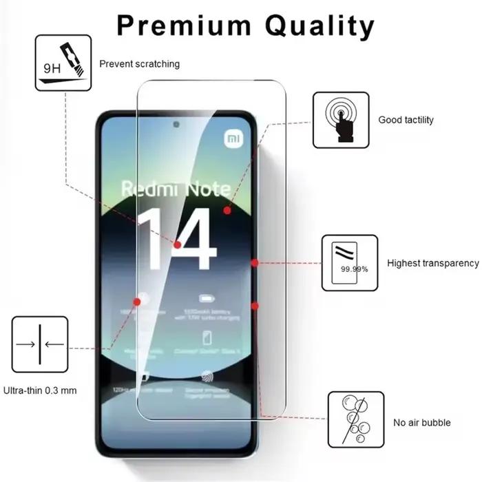 Protecteur d'écran en verre trempé pour Xiaomi Redmi Note 14 14S 13 12 11 10 9 Pro 4G 5G 9S 11S 12S 10S, anti-rayures, anti-éclats, anti-empreintes digitales, compatible avec plusieurs modèles, pour protéger votre écran et le garder propre et brillant