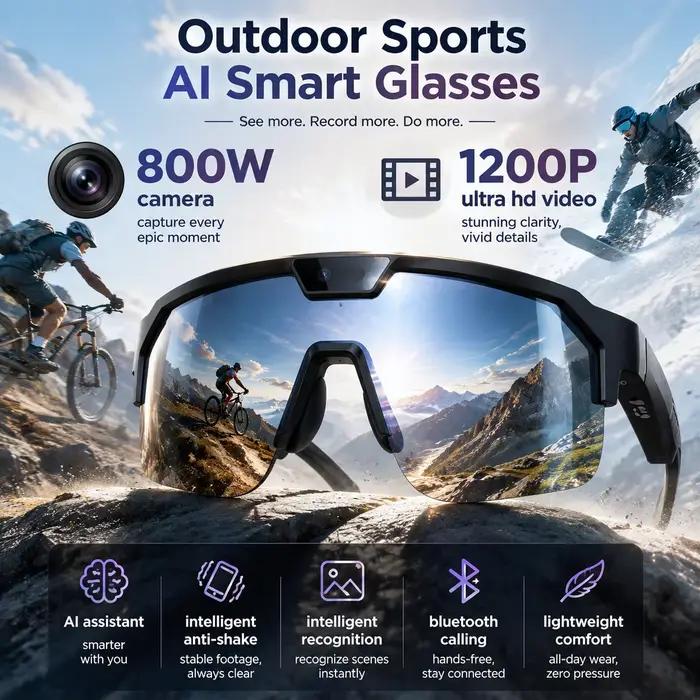 Lunettes Intelligentes IA 2026 Nouveauté, Caméra HD 1200P, Photo 30MP, Traduction en Temps Réel, Commande Vocale, Sans Fil 5.3 pour Vlog Extérieur