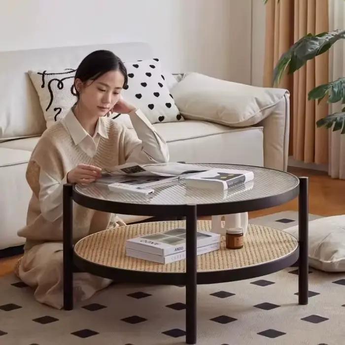 Table basse ronde japonaise en rotin et bois, design moderne et minimaliste, meubles de maison
