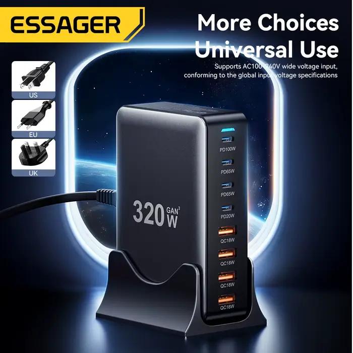 Essager 320W GaN chargeur 8 ports USB Type C Station de charge de bureau PD 100W