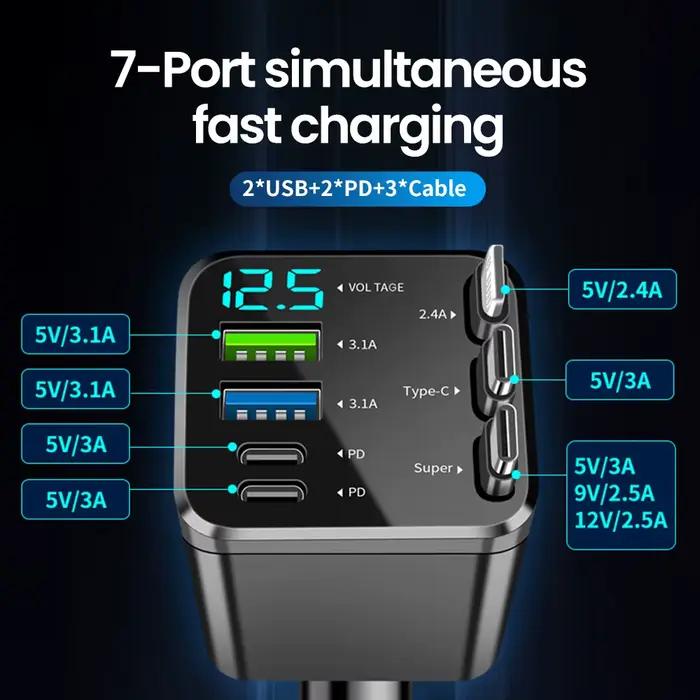 Elough 7 en 1 chargeur de voiture rétractable USB C vers ios câble pour iPhone Samsung chargeur de téléphone de voiture USB allume-cigare adaptateur QC