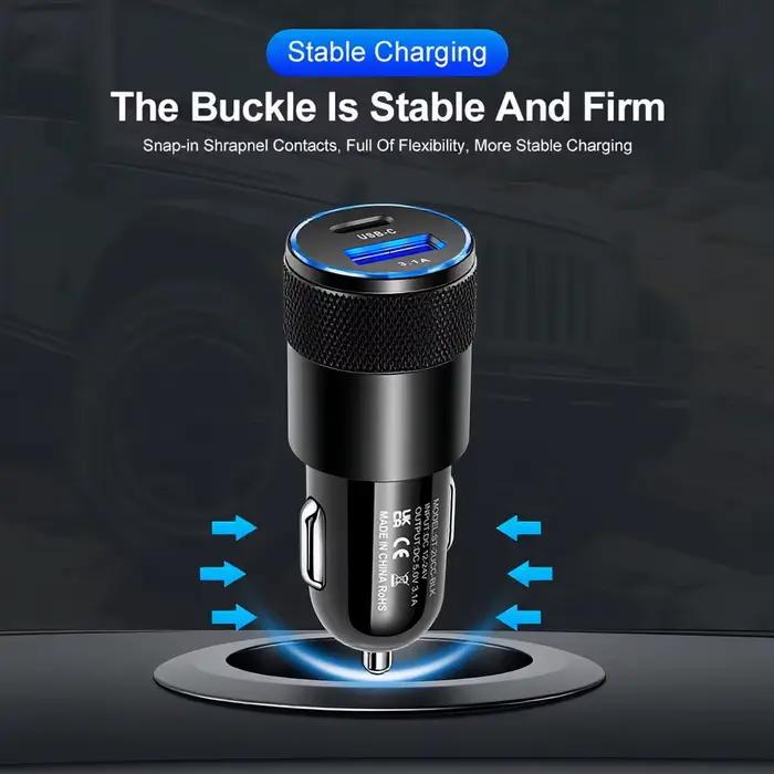 Mini chargeur de voiture double USB 3.1A à charge rapide avec adaptateur USB-C et boîtier métallique compact pour iPhone 17 16 et Samsung pour voyages et occasions spéciales