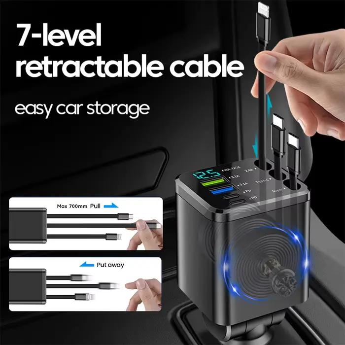 Elough 7 en 1 chargeur de voiture rétractable USB C vers ios câble pour iPhone Samsung chargeur de téléphone de voiture USB allume-cigare adaptateur QC