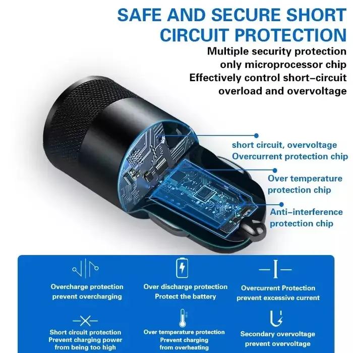 Mini chargeur de voiture double USB 3.1A à charge rapide avec adaptateur USB-C et boîtier métallique compact pour iPhone 17 16 et Samsung pour voyages et occasions spéciales