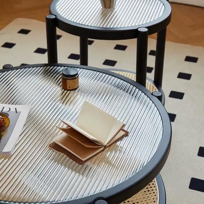 Table basse ronde japonaise en rotin et bois, design moderne et minimaliste, meubles de maison