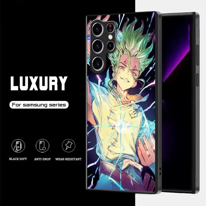 Coque de téléphone Nouveau Anime Dr. Stone pour Samsung Galaxy S25 S24 S23 S22 S21 S20 Plus Ultra Note20 avec dessins animés, citations et motifs géométriques en cuir véritable ou ABS pour homme et femme, idéale pour les fans d'anime