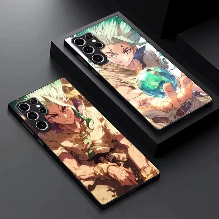 Coque de téléphone Nouveau Anime Dr. Stone pour Samsung Galaxy S25 S24 S23 S22 S21 S20 Plus Ultra Note20 avec dessins animés, citations et motifs géométriques en cuir véritable ou ABS pour homme et femme, idéale pour les fans d'anime