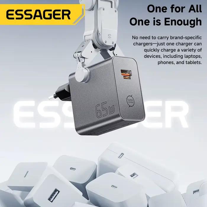 Chargeur GaN ESSAGER 65W PD3.0 PPS QC4.0 Entièrement Compatible avec iPhone 17 16 Samsung S26 MacBook Air Huawei