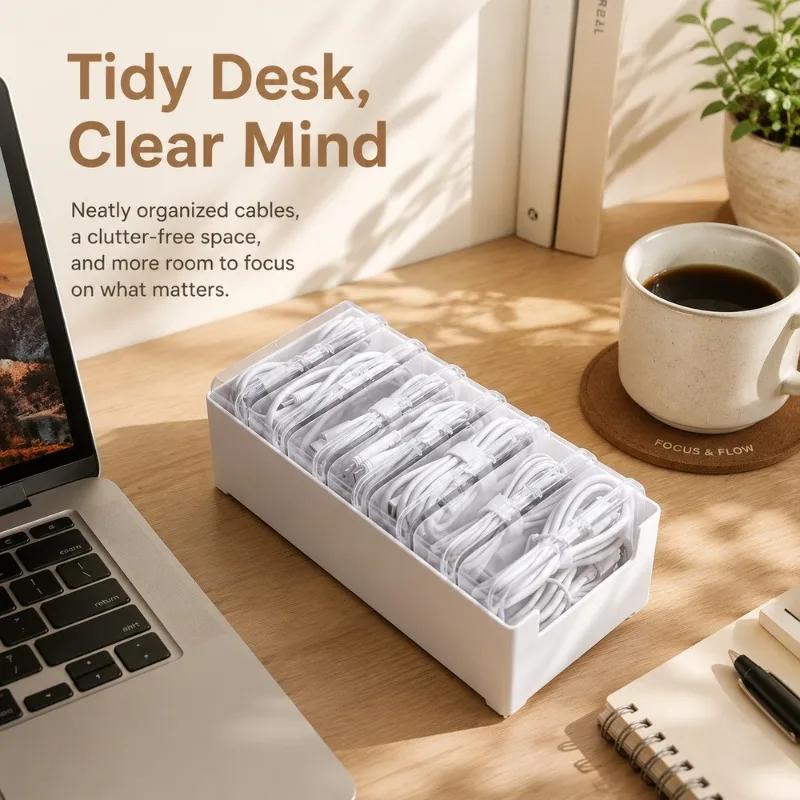 Boîte de rangement pour câbles avec 7 petits compartiments, organisateur de câbles de bureau pour bureau