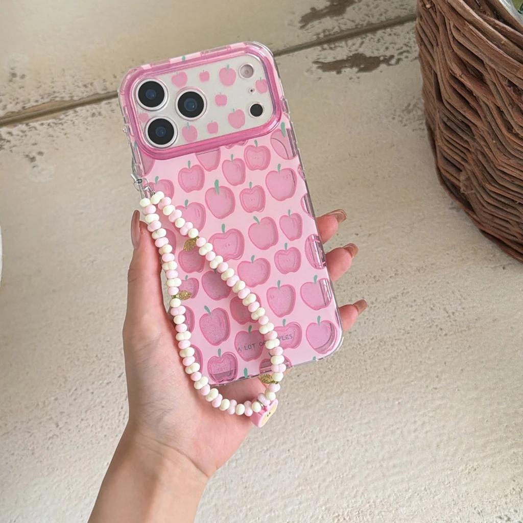 Coque de téléphone antichoc rose transparente avec paillettes et chaîne perlée pour iPhone 17 16 15 Pro Max