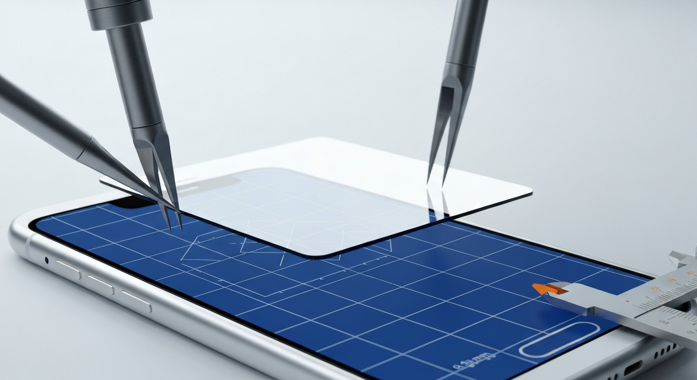 Verre trempé descendu par bras robotisés sur écran iPhone
