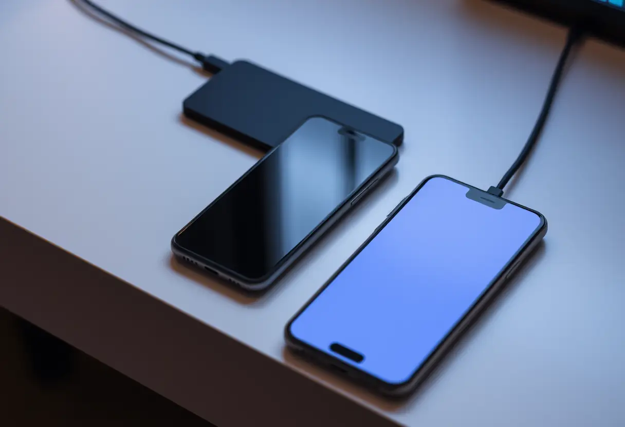 Smartphone posé à côté d'une plaque de chargement