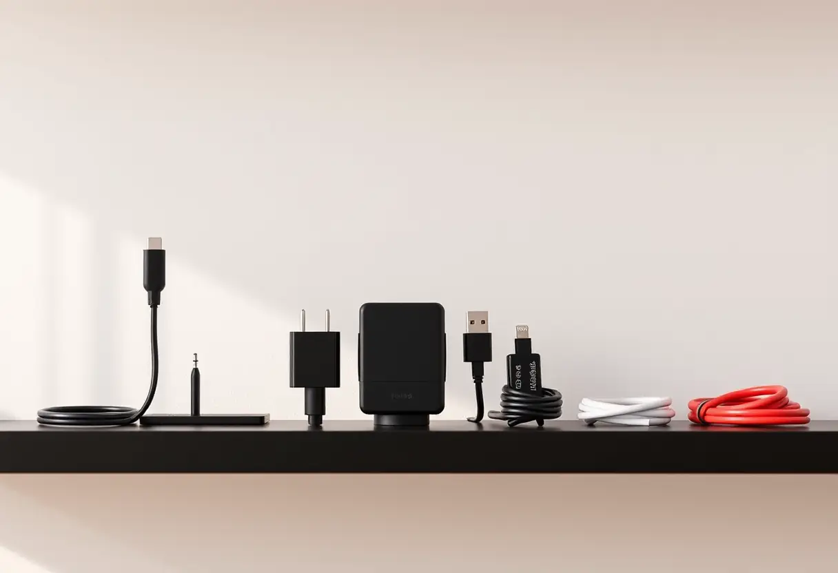 Ensemble de câbles et chargeurs sur étagère incluant chargeur iPhone original